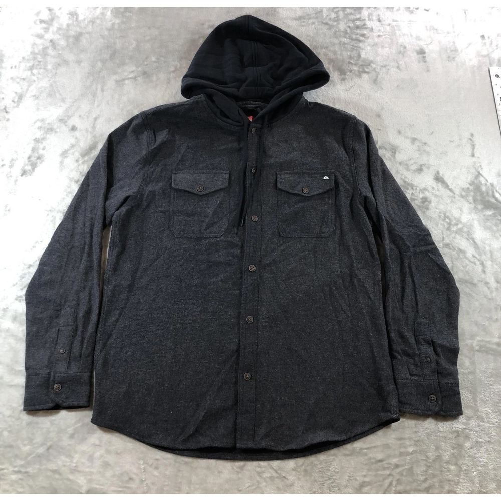 Quiksilver Shirt Mens Medium Gray Hooded Herringbone Flannel Button Up Casual